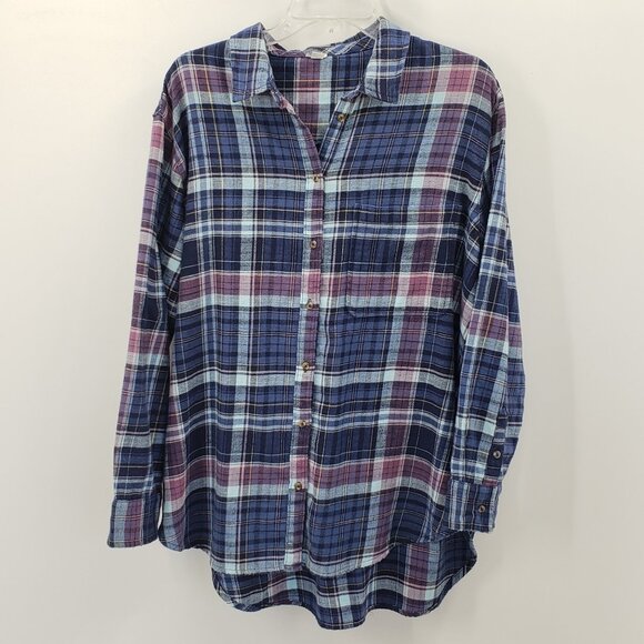 Aerie Plaid Flannel Button Up Shirt Womens L Blue Mauve White Oversize Long Tail - Picture 2 of 9